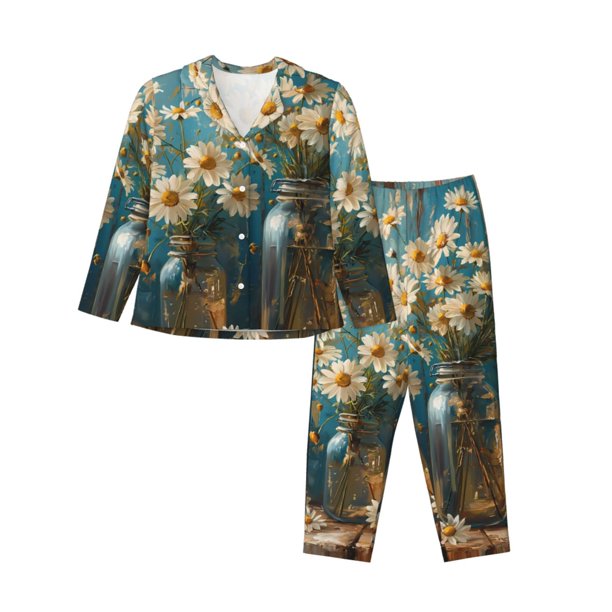 Balery Delicate White Daisy Jars Conjunto de Pijama con Estampado para Mujer, Conjunto de Dos Piezas con Manga Larga, Ropa de Dormir Suave con Bolsillos, Pijamas Cómodos-X-Large