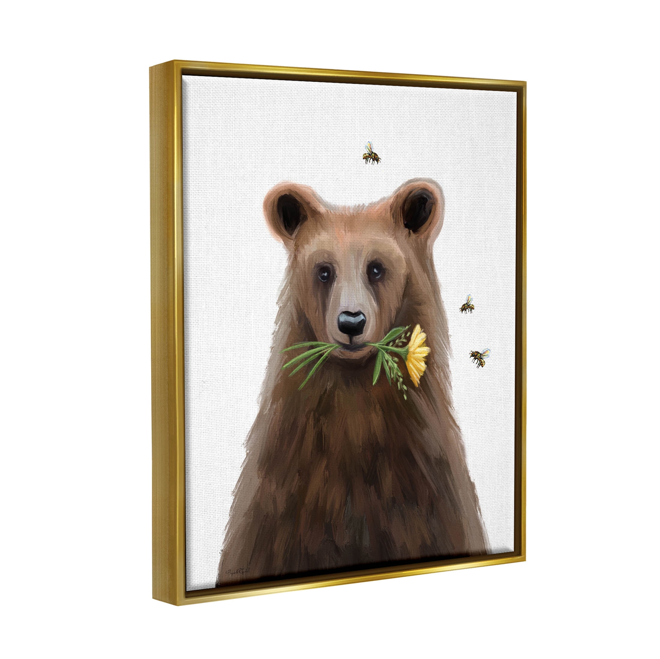 Stupell Industries Woodland Bear Flower Sprig Graphic Art Metallic Gold Floating Framed Canvas Print Wall Art, Design by Elizabeth Tyndall