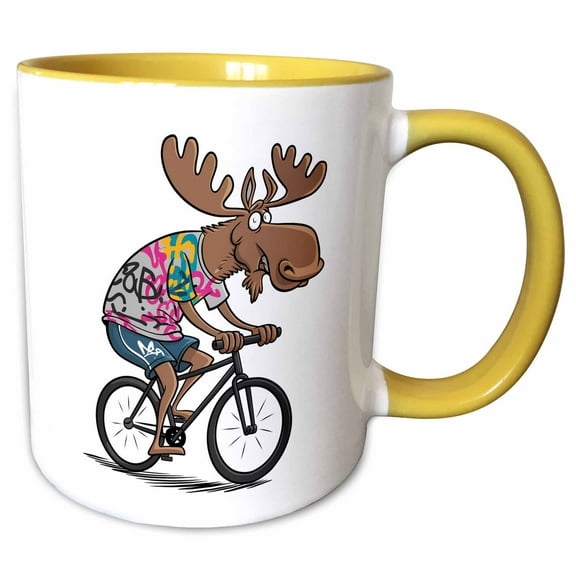 3drose, Funny Cute Cool Moose Riding Bicycle Bike Rider Sports Abstract, 15oz Two-tone Yellow Mug