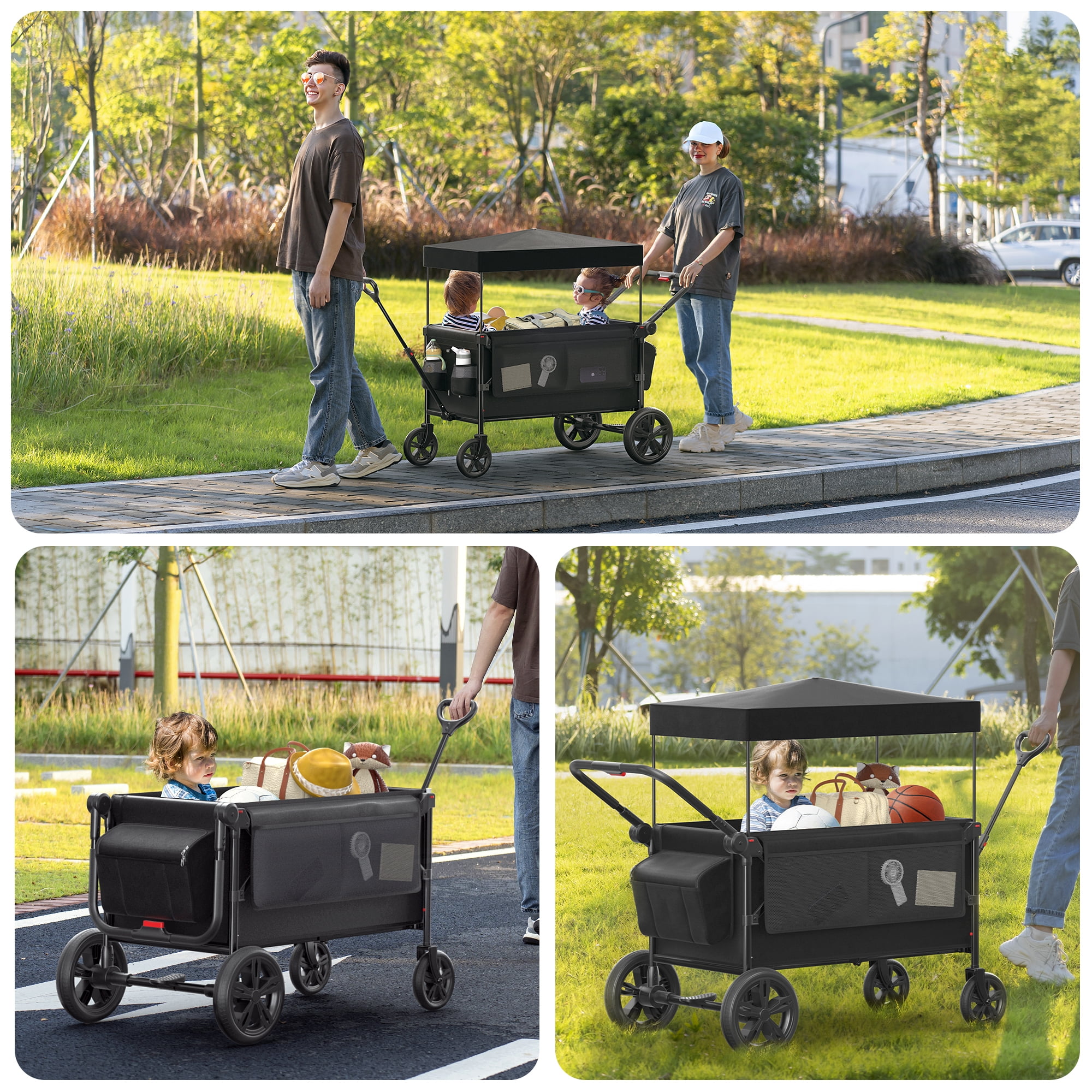 SACVON All-Terrain Stroller Wagon for Toddlers with Canopy, Parent Organizer, Adjustable Handlebar, 2 Cup Holders