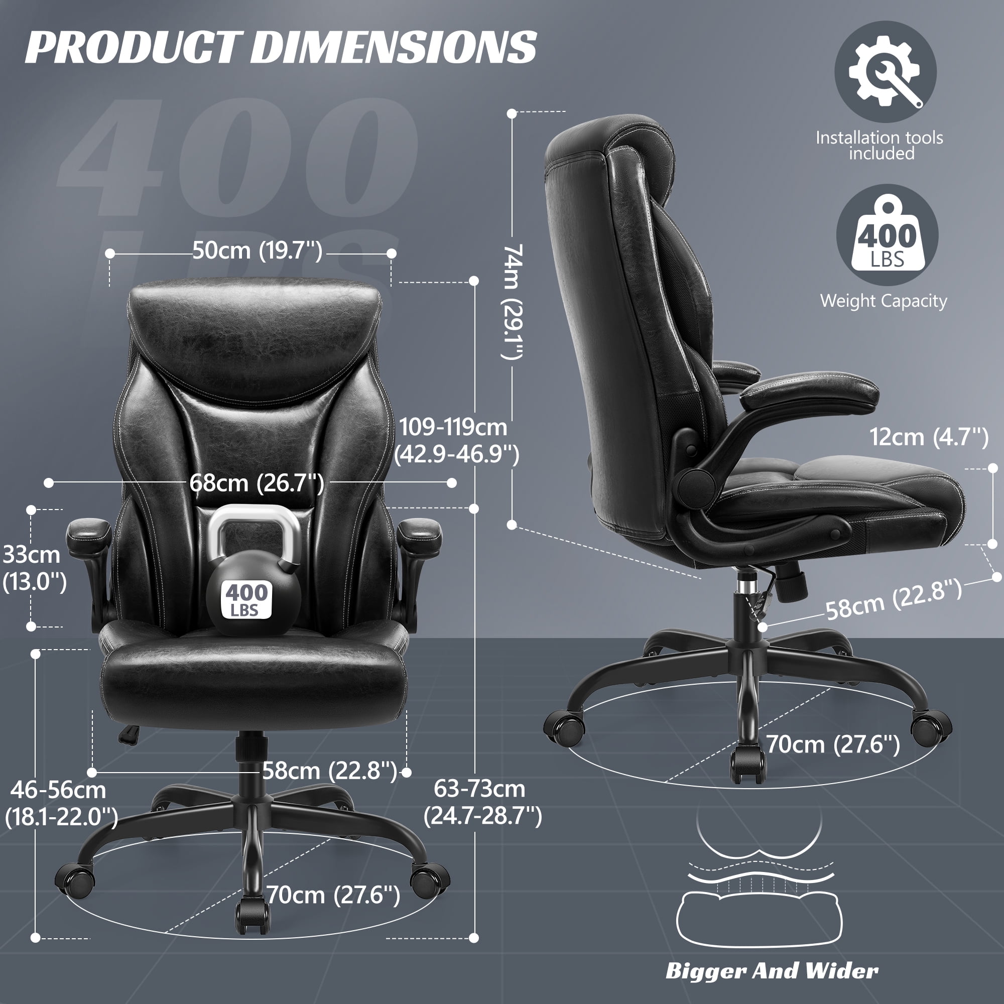 ATHOPE Executive Office Chair, Leather Office Chair with High Back Flip Up Armrests, Height Adjustable Comfy Desk Chair with Wheels, Ergonomic Computer Chair, Black