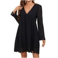 thumbnail image 2 of CALAFEBILA Women Fashion 2025 Mother's Day Summer Midi Quinceanera Dress Solid V-Neck Long Sleeve Hollow Out Pockets Lace Black Dress, 2 of 8