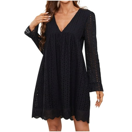 VSSSJ Women s Long Sleeve Lace Eyelet Mini Dresses Casual Loose Solid Color V Neck Pockets Above Knee Ruffle Cute Babydoll Dress Black S