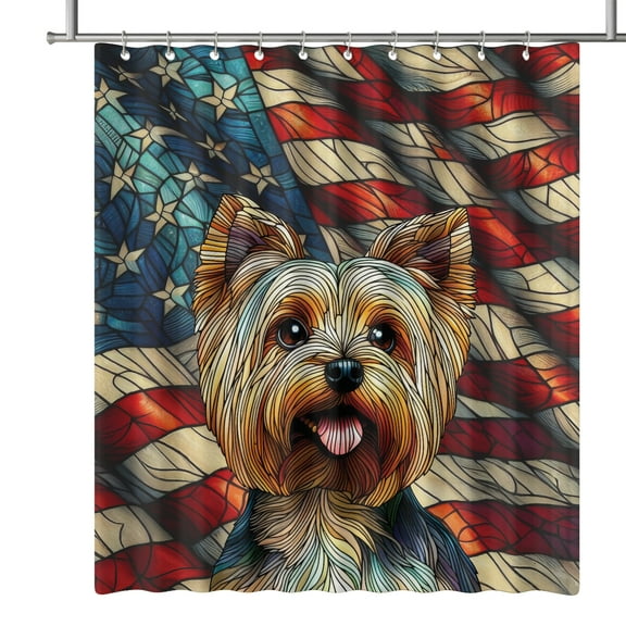 Patriotic Yorkshire Terrier Stained Glass Portrait American Flag Shower Curtain Yorkie Dog Lover Gifts Waterproof Bathroom Bathtub Curtain - 01010