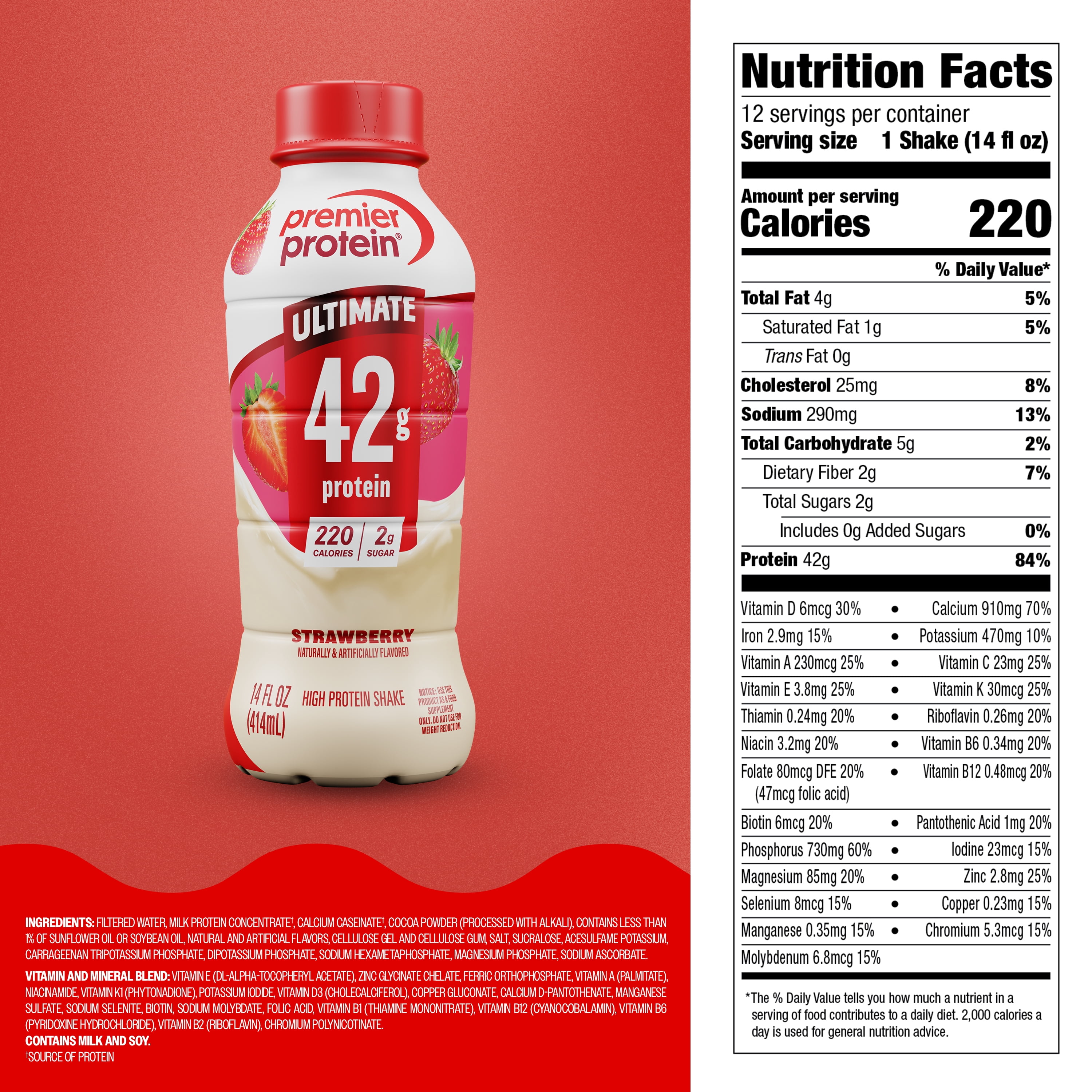 Premier Protein, Ultimate 42g Protein Shake, Strawberry, 14 Fl Oz, 12 Ct