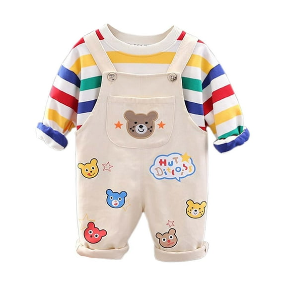 Hienoo Toddler Boys Long Sleeve Striped T-Shirt Bear Print Overalls Outfits, Sizes 3-4T