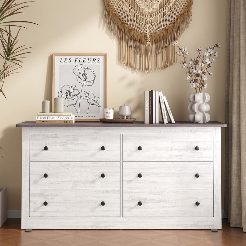 Gianna Dresser for Bedroom with 6 Drawers 59 Inch Chest of Drawers Wooden Dressers for Closet Living Room，White
