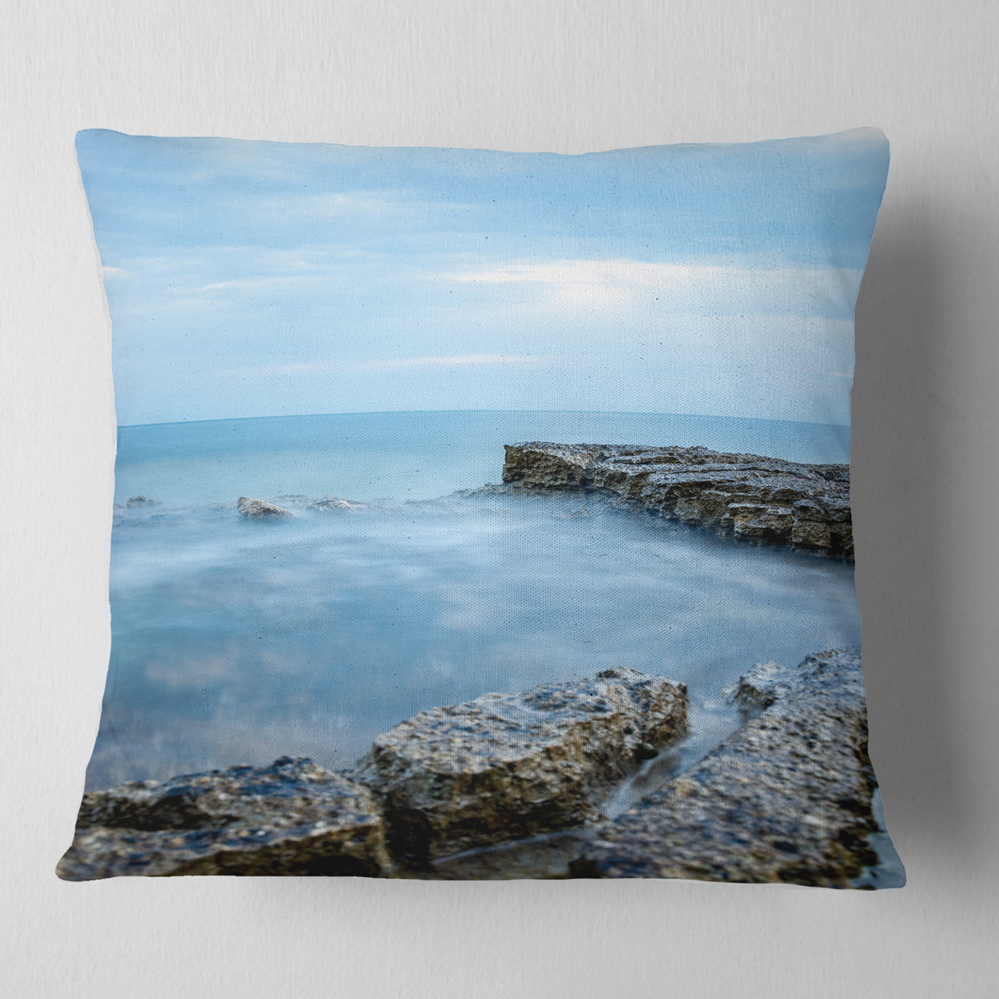 Designart Blue Rocky Seashore - Beach Photography Throw Pillow - 18x18