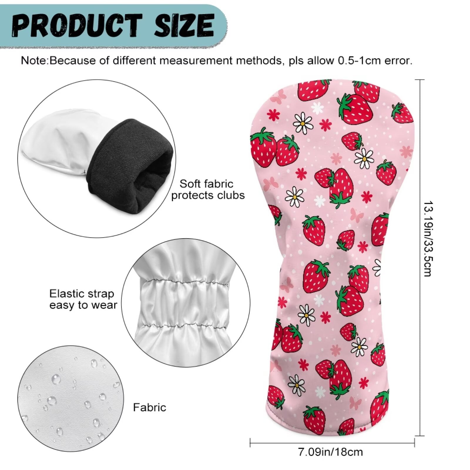 Uorisanigo Golf Club Head Covers with Double Elastic Band for Most Brand, Strawberry Print Driver Cover Fariway Wood Headcover Hybrid Head Covers Blade Putter Cover Mallet Putter Haedcovers