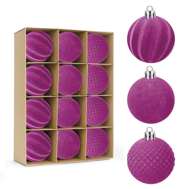 Harliver - Juego de 12 bolas navideñas de terciopelo de 6 cm, bolas de plástico flocadas para árbol de Navidad, adornos colgantes, irrompibles, morado