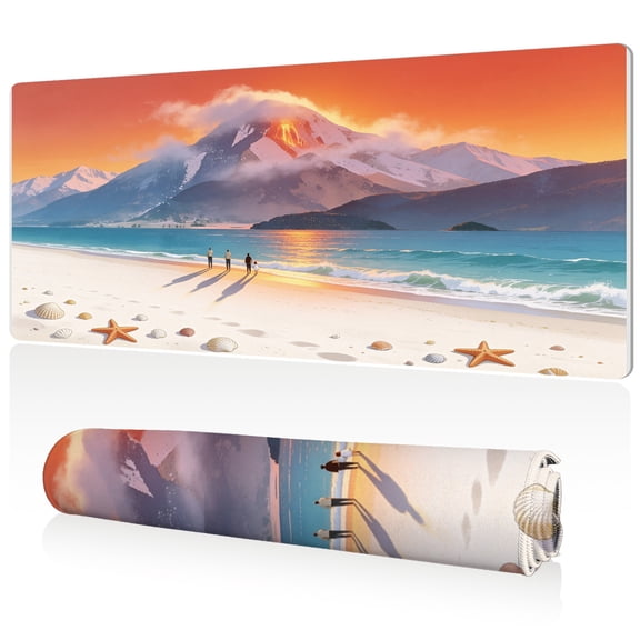 LIVEKEY XXL Mouse Pad 80x40x0.3cm Beach Sunset with Figures and Mountains Design Full Desk Coverage Durable Easy Clean Non Slip Stitched Edges for Gaming and Office