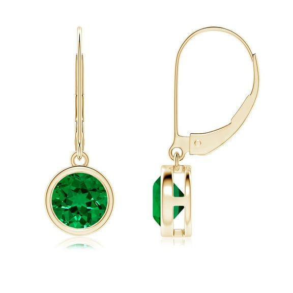 ANGARA Lab Grown 1.5 Ct Bezel-Set Round Emerald Leverback Drop Earrings for Women in 14K Yellow Gold (Size-6mm) | May Birthstone, Anniversary, Jewelry Gift for Women | Lab-Grown Emerald Earrings
