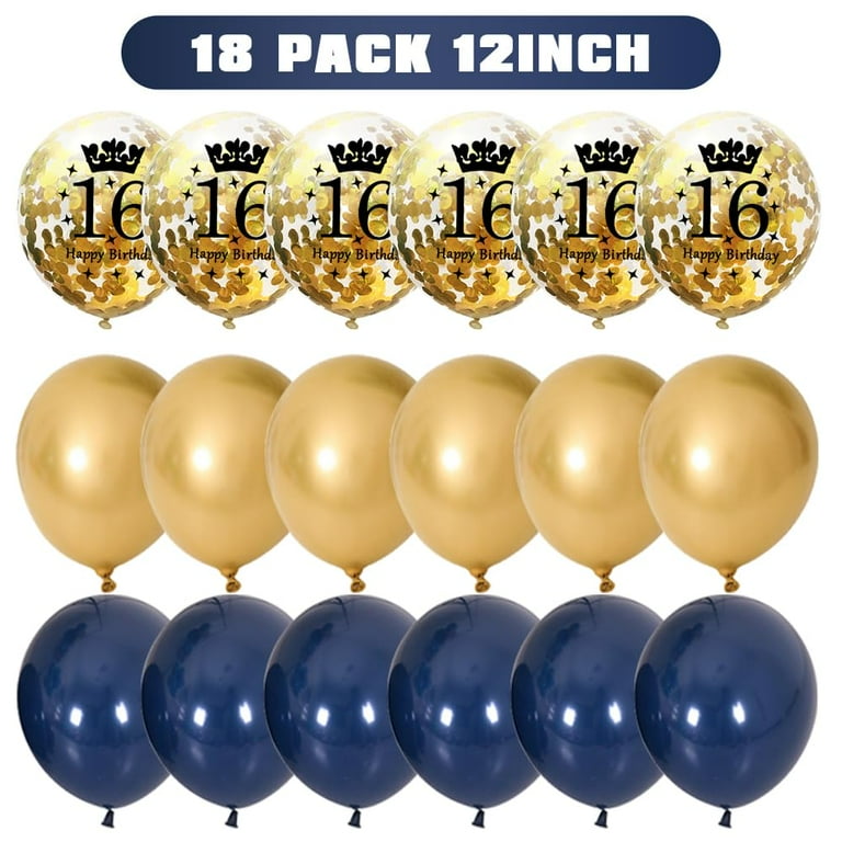16th Birthday Decorations Kit, Navy Blue/Silver, Banner, Cake Topper, Foil 16 Balloon Garland