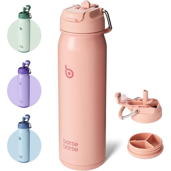 BOTTLE BOTTLE 24 oz Sports Water Bottle Stainless Steel Insulated Water Bottle with Straw and Pills Holder Salmon