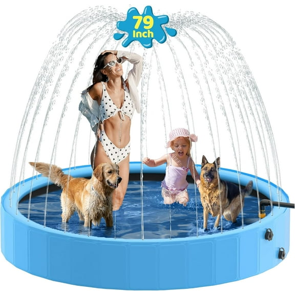 Dog Pool with Sprinkler, 97'' Foldable Dog Pools for Large Dogs, 2-in-1 PVC Non Slip Pet Bathing Tub for Outdoor Backyard, Blue