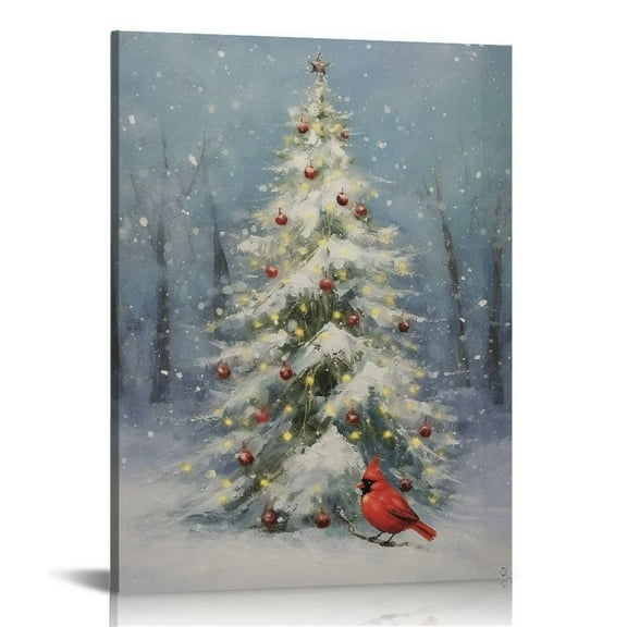 ONETECH Gallery Wrapped Canvas Wall Art Print for Holiday Decor, 16x20, Cardinals and Christmas