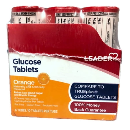 6 Pack - LEADER Glucose Tablets, Energy and Blood Sugar Support, Orange Flavor, 10 Count Travel Size