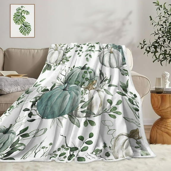 Fall Boho Pumpkin Throw Blanket, Rustic Autumn Maple Leaves Thanksgiving Harvest Decorative Farmhouse Fleece Flannel Blanket, Fall Seasonal Teal Green Soft Blanket for Bed Couch Sofa 50"X60"