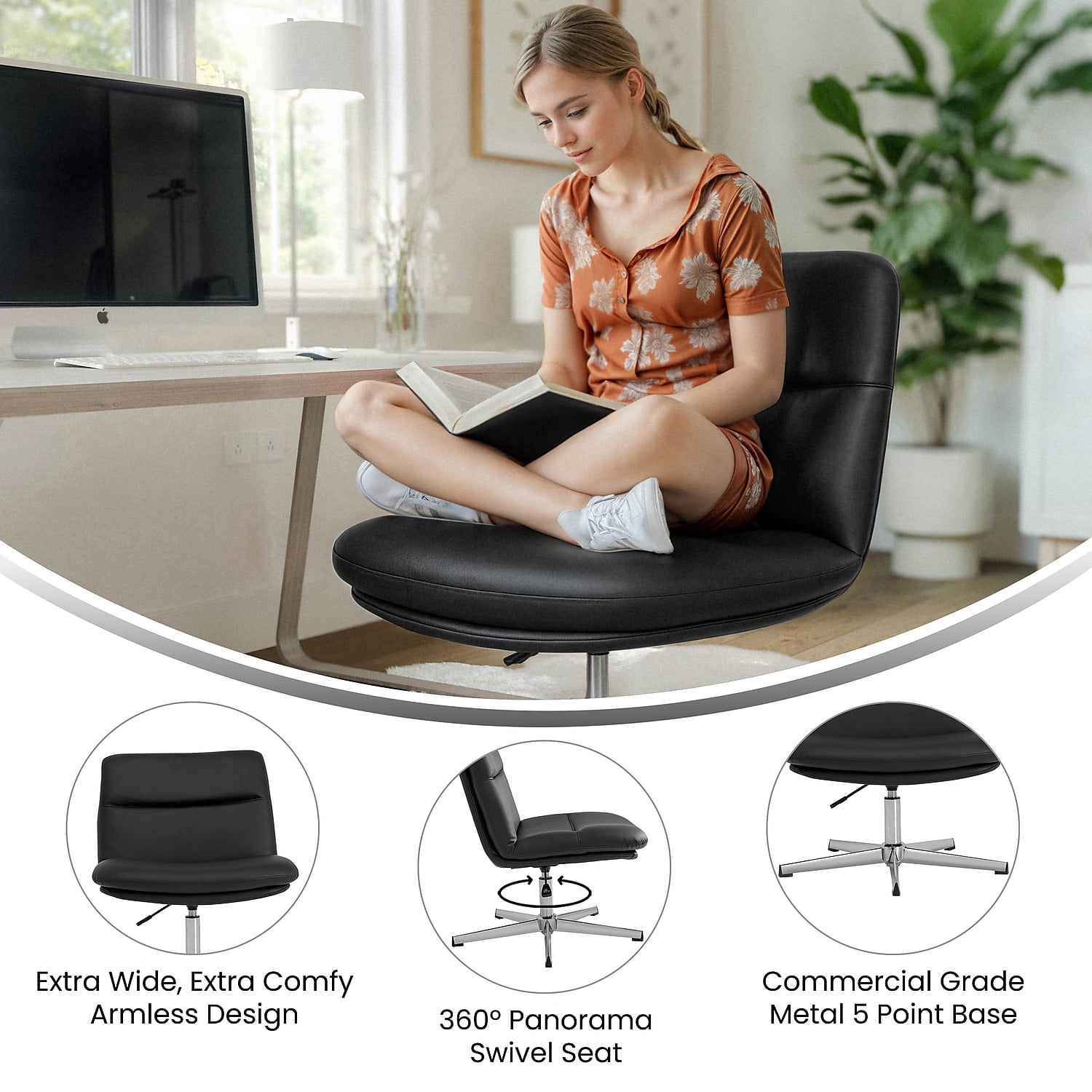 Flash Furniture Commercial Wide Mid-Back Black Padded LeatherSoft Armless Stationary Task Office Chair with Adjustable Height, Swivel Function, and Chrome Frame