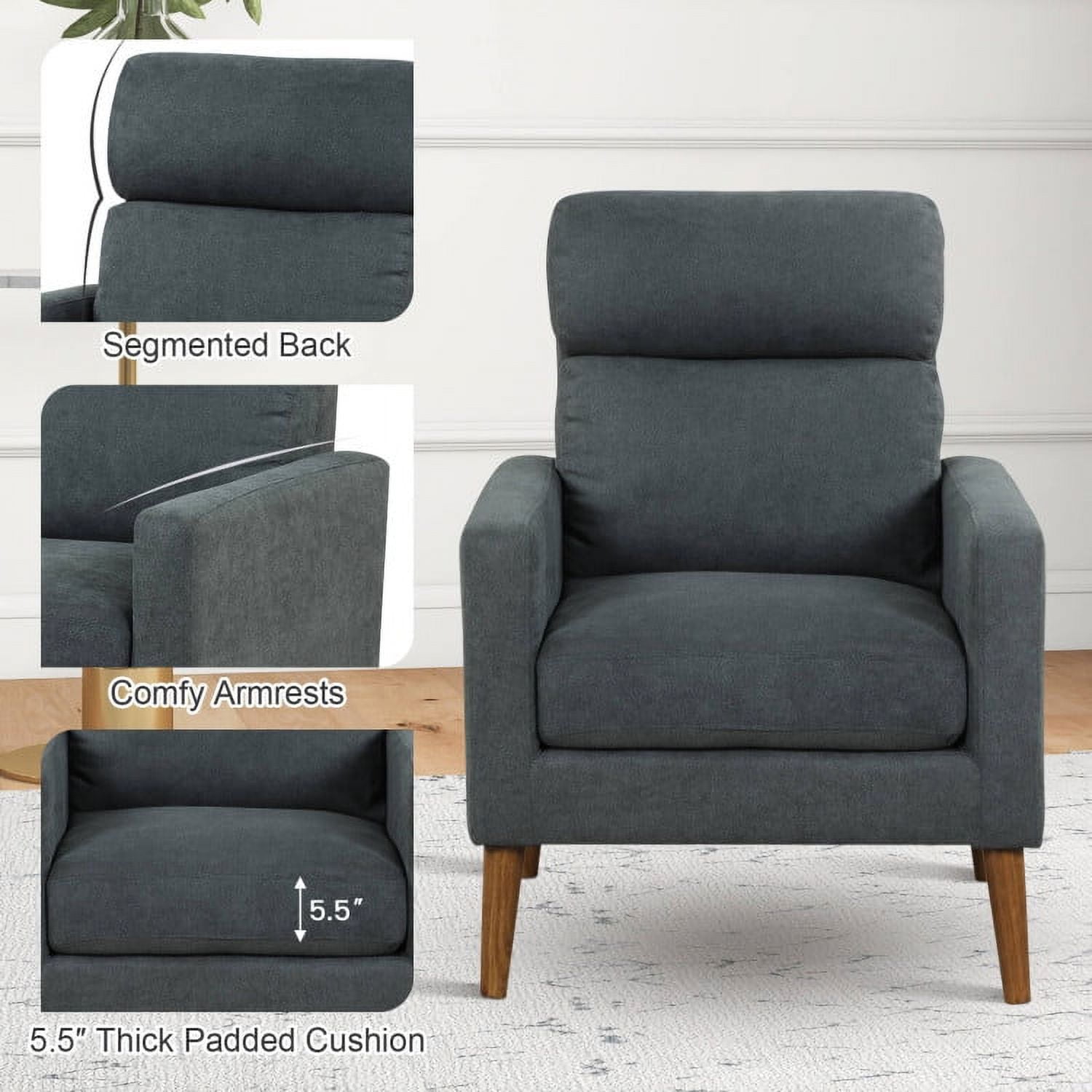 Finihen Upholstered Accent Armchair, Lint Fabric Modern Accent Chair with Solid Wood Legs, for Living Room, Bedroom, Gray