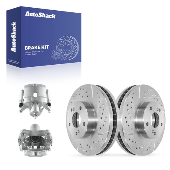 AutoShack Front Vented Drilled & Slotted Silver Zinc Coated Brake Rotors   Calipers 4-PC Brake Kit Replacement for 2003-2005 Honda Accord SilverShield Pro 11.81" (300 mm)