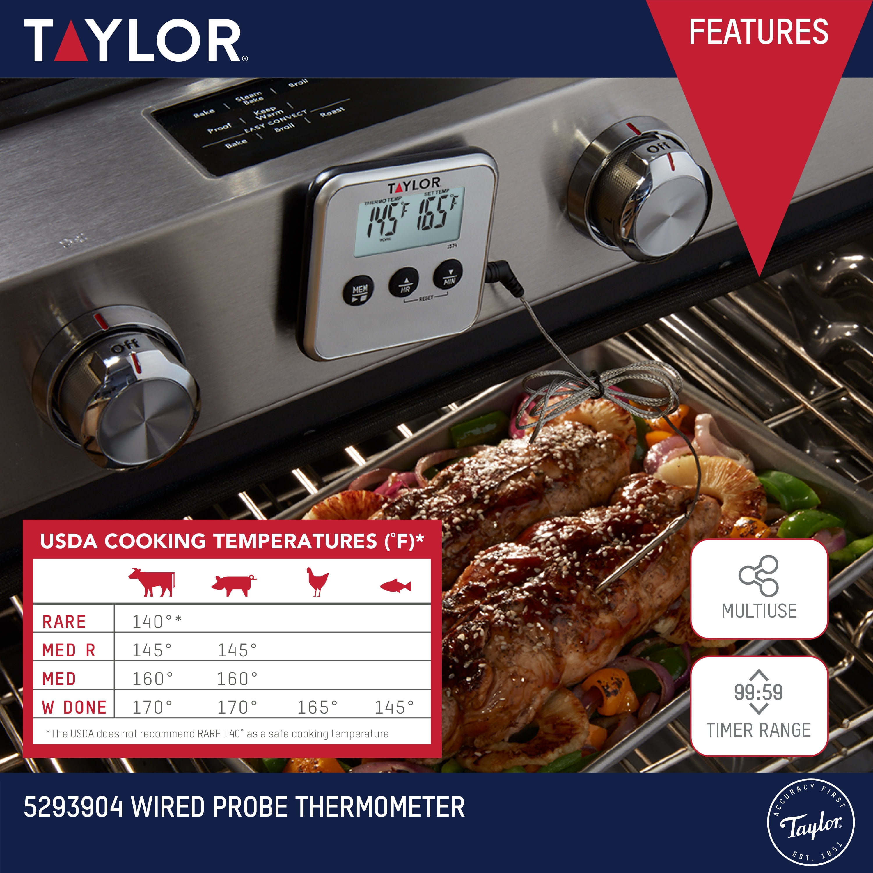 Taylor Instant Read Wired Probe Digital Meat Food Grill BBQ Cooking Kitchen  Thermometer with Timer Alarm, Red