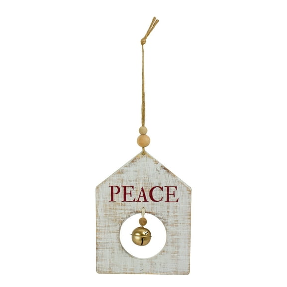 Northlight Rustic Wooden "Peace" with Bell Christmas Tag Ornament - 8" - Gold and White