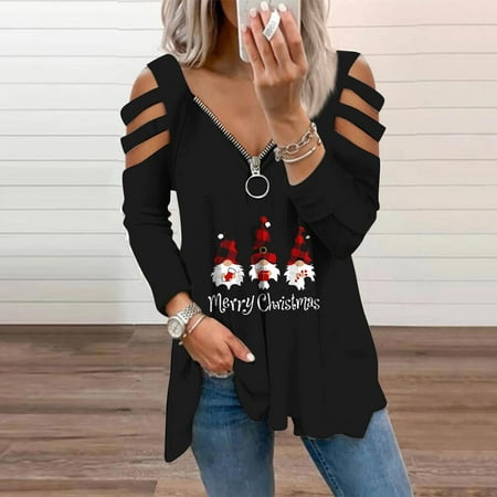 

Women s Christmas Shirt Tops Funny Long Sleeve Zipper V Neck Blouse Loose Comfy Shirt Hollow Out Shoulder Crewneck Sweatshirts Pullover Tops Cute Print Blouse Fall Clothes