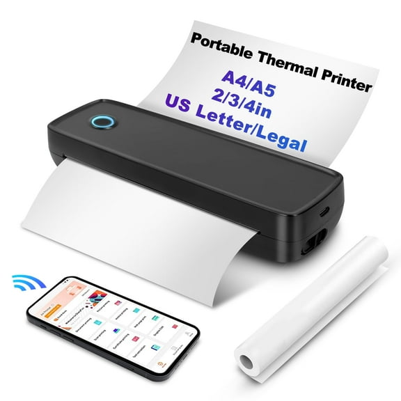 Portable Printers Wireless for Travel, Bluetooth Thermal Printer Support 8.5" X 11" US Letter, Inkless Printer for A4 Thermal Paper, Compatible with Android iOS & Laptop for Office Car Home, Black