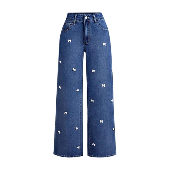 Straight Leg Jeans for Women, High Waist with Functional Pockets, Stretch Polyester Blend, Regular Length, Deep Blue, Casual Daily Wear