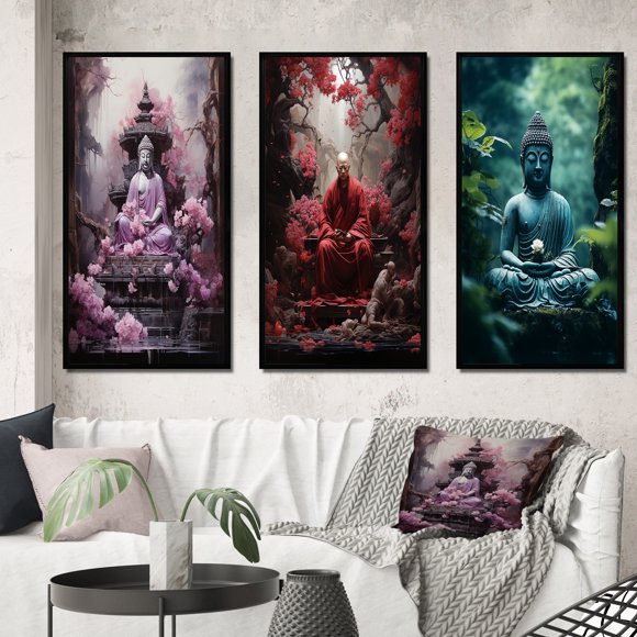 Designart "Buddhist Chanting Pink Buddhism" Buddhism Framed Wall Art Set Of 3 - Pink Buddhism Frame Canvas Set For Living Room Decor