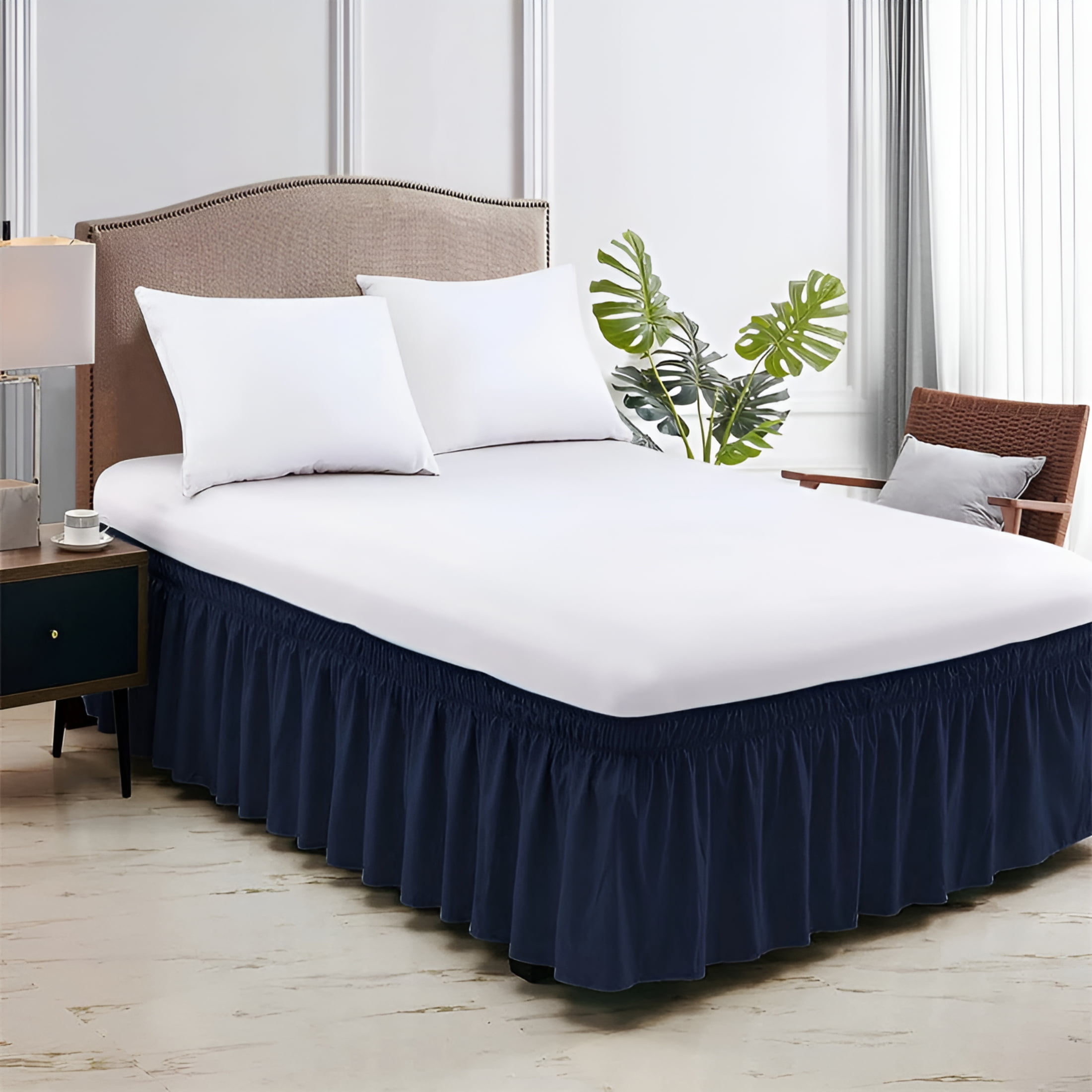 Arlajo Wrap Around Bed Skirt 14" Inch Drop Easy Care Microfiber Made Bedskirts (King-Navy Blue)
