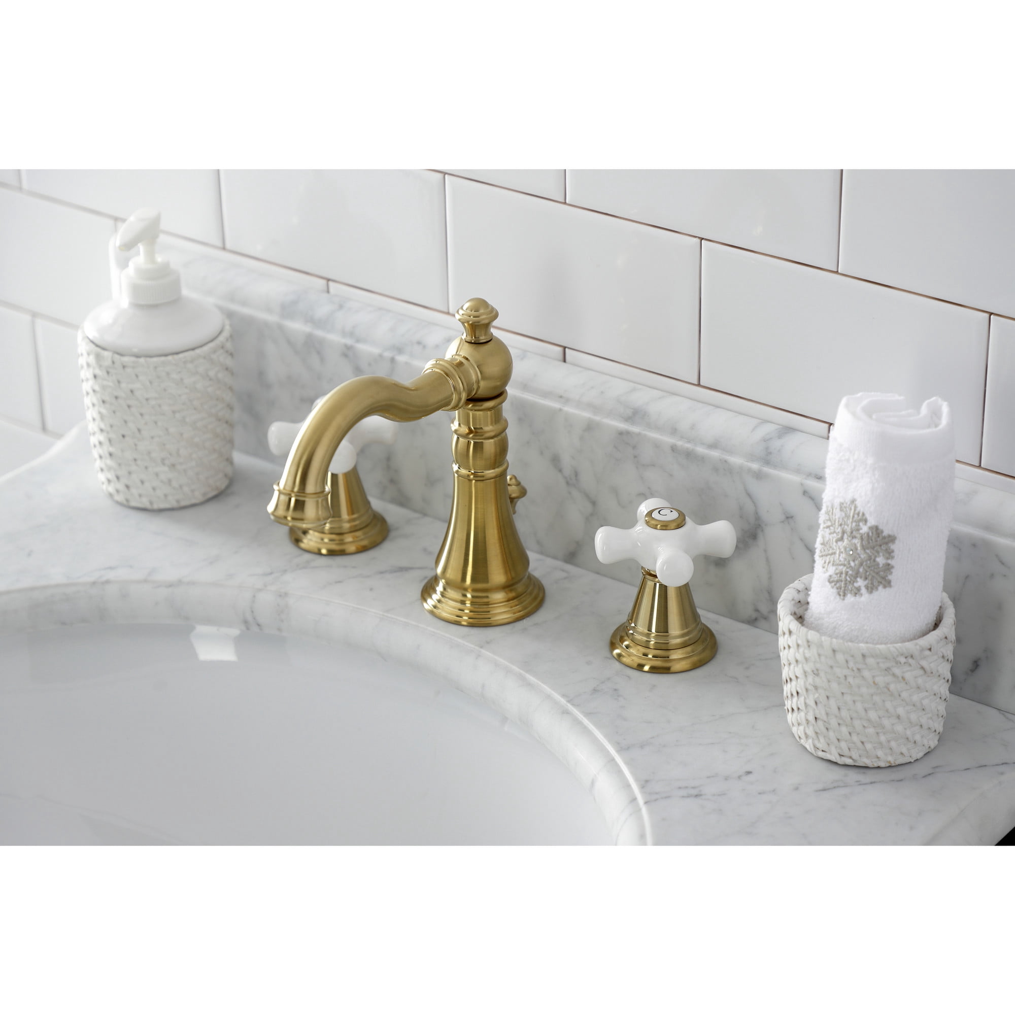 Kingston Brass FSC1973APX American Classic Widespread Bathroom Faucet with Brass Pop-Up, Brushed Brass