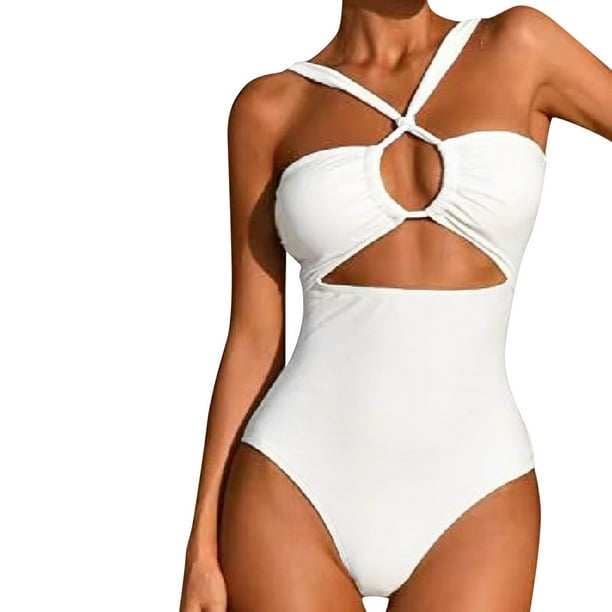 PMUYBHF Female Push up Bikini Tops for Women Extra Padded 2024 Women's  Swimsuit Cut out High Waist Halter Bikini Swimsuit White XL 