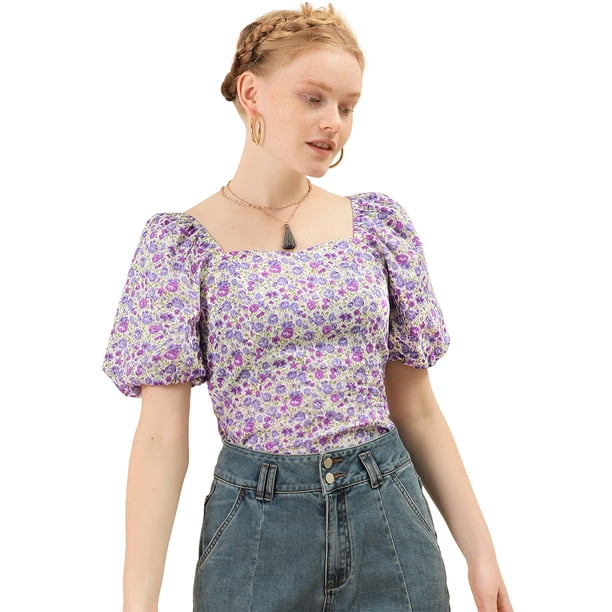 INSPIRE CHIC Tops Florales Estilo Campesino Con Mangas Abullonadas Y Cuello En Forma De Corazón De Pradera Para Mujer Púrpura XL