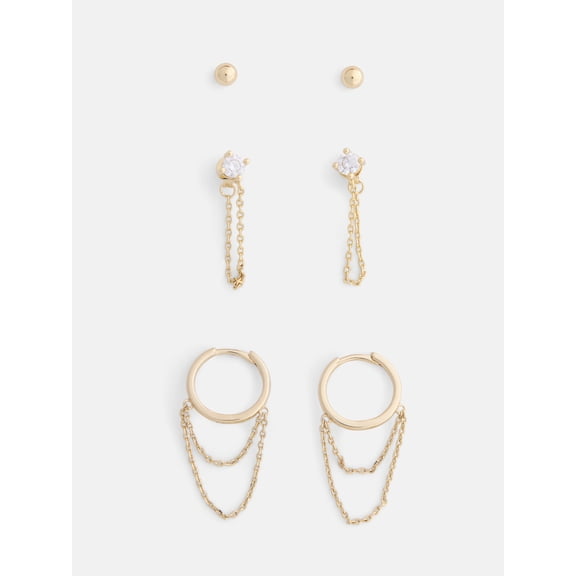 Free Assembly Women's Demi Fine 14K Gold Plated Cubic Zirconia Stud and Hoop Earrings Set, 3-Pair