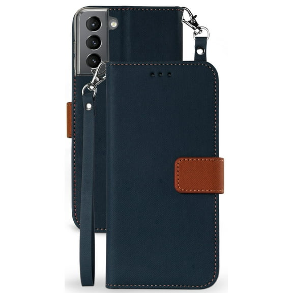 Wallet Phone Case for Galaxy S21 Plus 5G, [Navy Blue/Brown] Folio Credit Card Slot ID Cover, View Stand [Magnetic Closure, Wrist Strap Lanyard] for Samsung Galaxy S21  5G (SM-G996)
