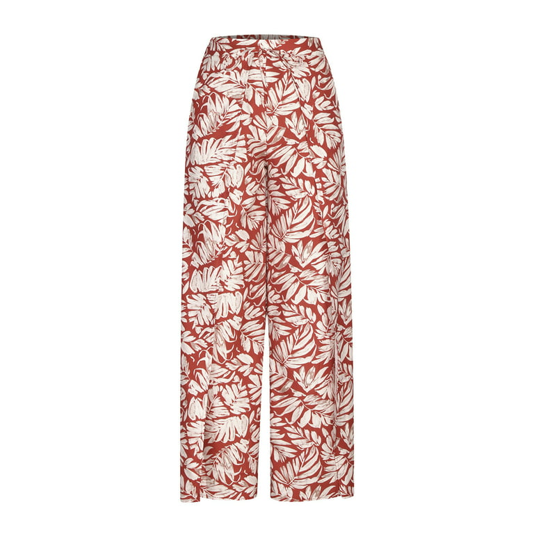 Brglopf Split Wide Leg Pants for Women Floral Boho High Waist Drawstring  Long Palazzo Pants Lounge Flowy Trousers with Pockets(Pink,XXL) 