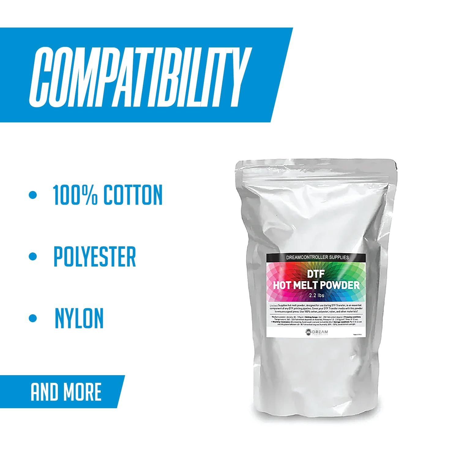 DTF Powder White 2.2lbs (35.2 oz) Hot Melt Adhesive Digital Transfer Printing - Compatible with Cotton, Polyester, Nylon & More - Medium-Density Powder (80-170µm) Optimal Result with All DTF Printer