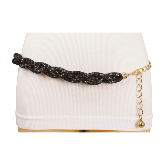 Women Black Mesh Fashion Belt Gold Metal Chain Fit Size M L