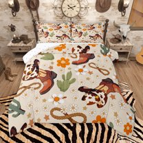 Manfei Cartoon Groovy Daisy Bedding Comforter Set, Rustic Cowgirl Cowboy Twin Comforter Sets, Bohemian Western Theme Reversible Bedding Set, Breathable Home Decor, 2pcs