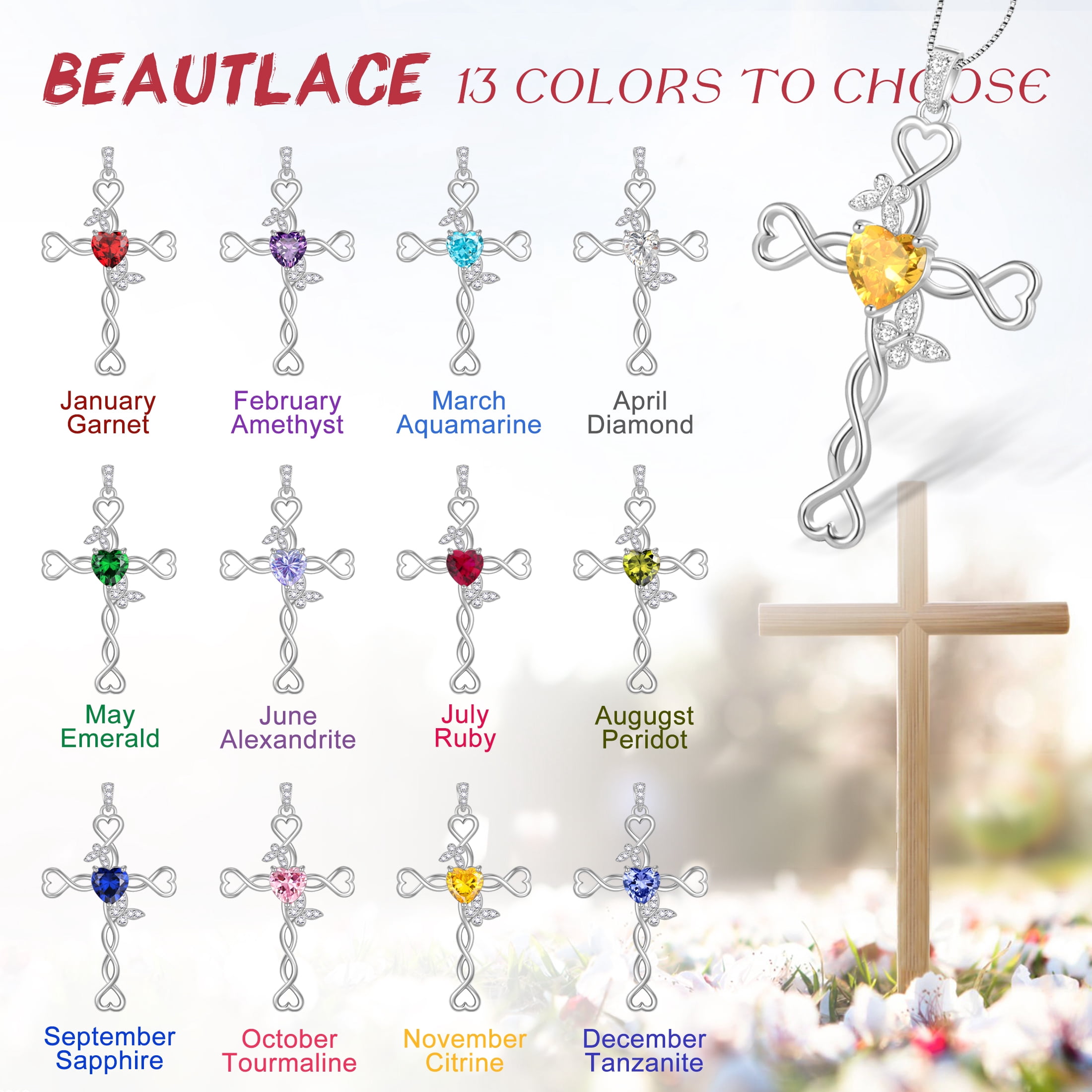 Beautlace 925 Sterling Silver Cross December Tanzanite Heart Birthstone Necklace,Butterfly Pendant Necklace Jewelry Birthday Christmas Gifts for Women/ Wife /Lover