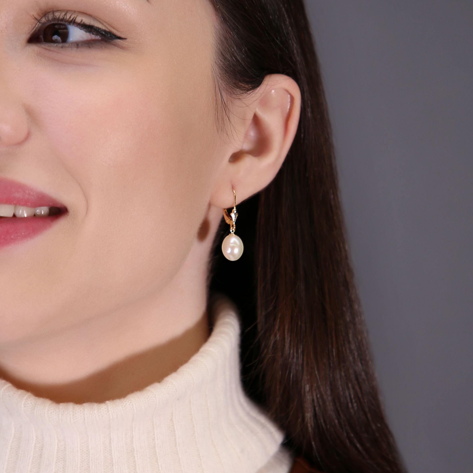 Tilo Jewelry 14K Yellow Gold 8.5-9mm White Freshwater Pearl Drop Earrings with Secure Leaver-Backs | Handmade Fancy Earrings for Women & Unisex