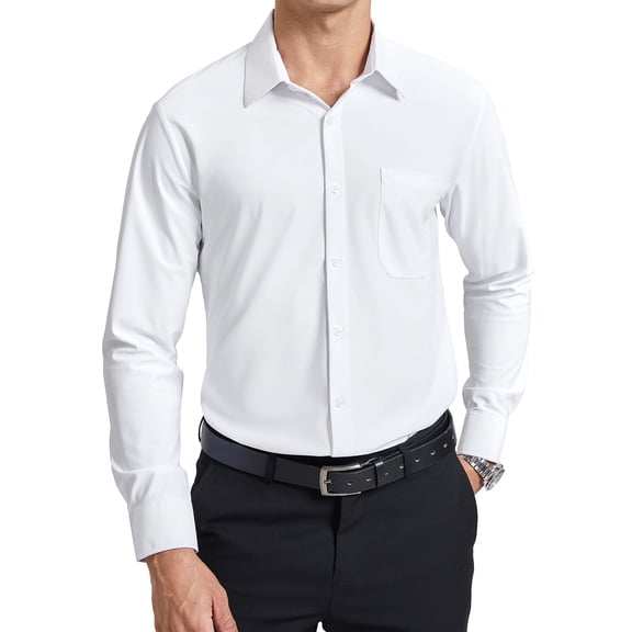 Mens White Long Sleeve Dress Shirts Stretch Business Shirt Button Down Wrinkle Free Formal Shirts