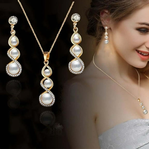 Eoperou Luxurious Jewelry Set Romantic Dangle Earrings Necklace Simulated Pearls Fashion Charm Wedding Bridal Bridesmaid Rhinestone Pendant Jewelry