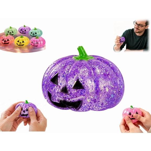 Halloween Pumpkin Head Squishy Fidget Toy, Spooky Halloween‑Themed Squeeze Stress Relief Toy, Soft PU Anxiety Release Hand Squeeze Toy for Adults (Purple)