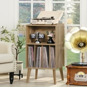 LELELINKY Mid-Century Record Player Stand with Storage Vinyl Record Cabinet Record Player Table Turntable Stand Large Record Holder Holds for Bedroom Living Room, Oak