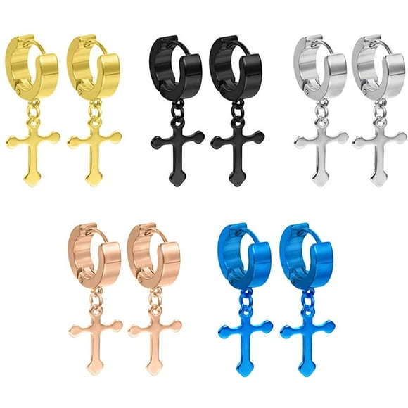 5 Pairs of Cross Earrings Dangle Hinged Men Earrings Stainless Steel Cross hoop Earrings for Men and Women,Silver,Gold,Black,blue,Rose gold