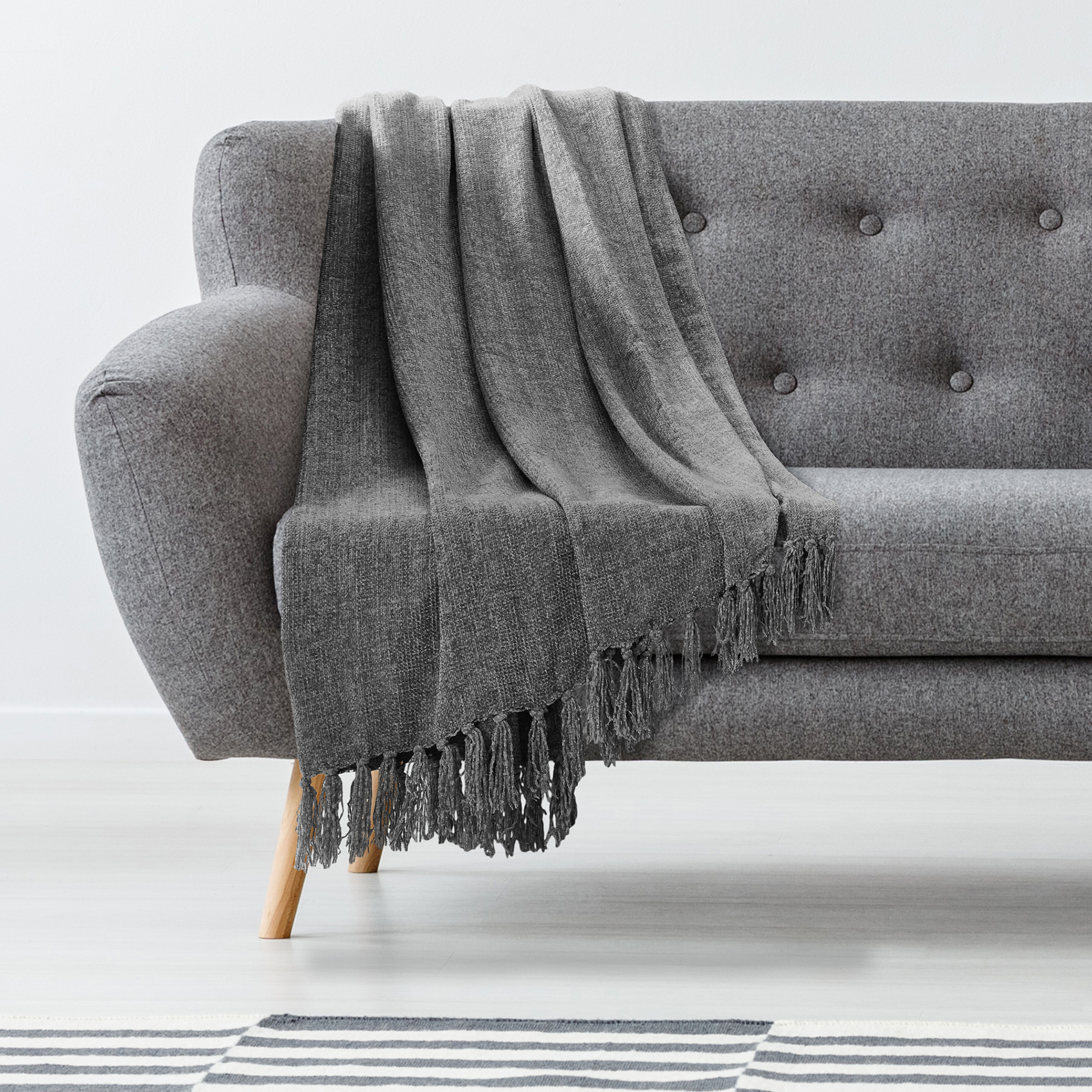 Americanflat Chenille Throw Blanket in Dark Grey - Breathable Polyester with Decorative Fringe - Wrinkle and Fade Resistant - 50" x 60"