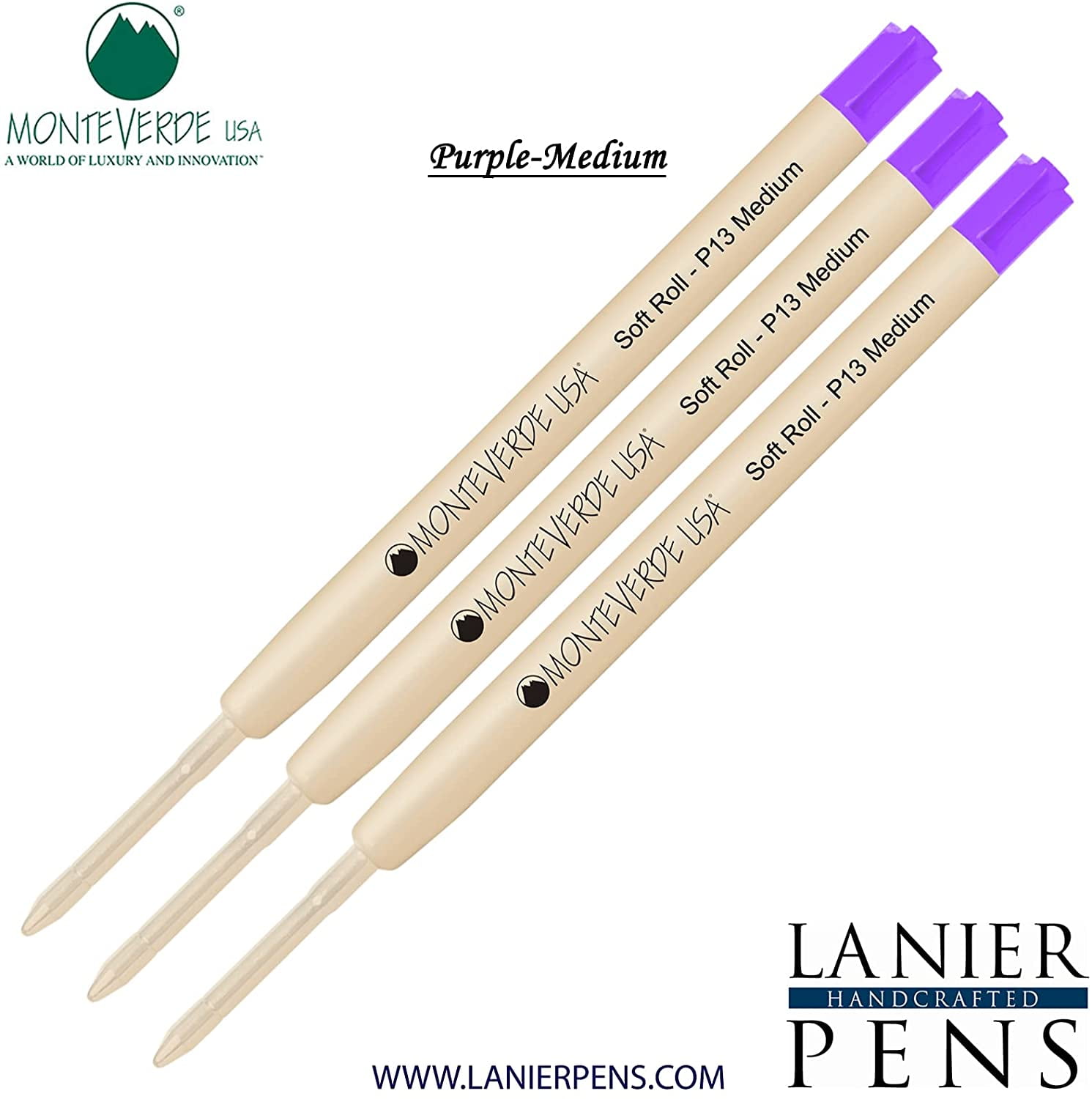 Lanier Combo Pack - 3 Pack - Monteverde SoftRoll Ballpoint P13 Paste Ink Refill Compatible with most Parker Style Ballpoint Pens - Purple (Medium Tip 0.7mm)